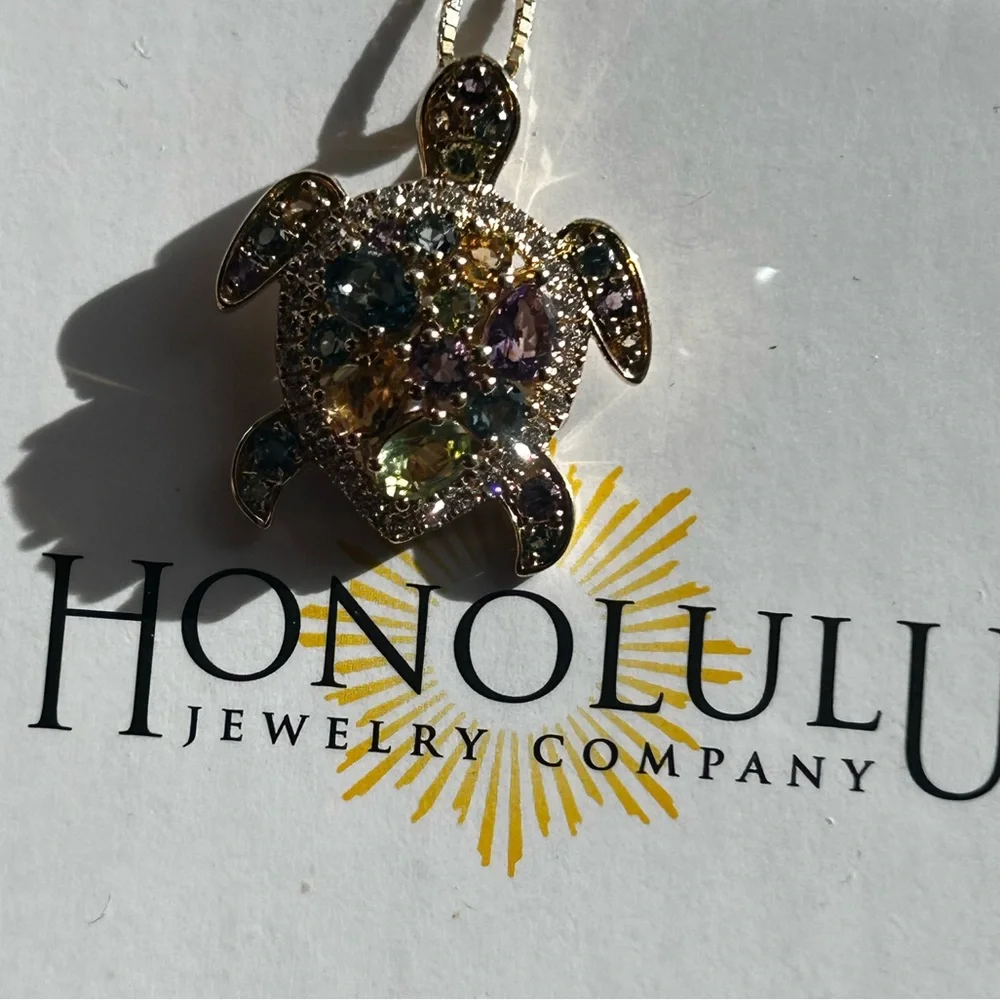 14k Gold Turtle 🐢 Pendant Necklace w/ Gemstones and diamonds 14k chain - Picture 6 of 6